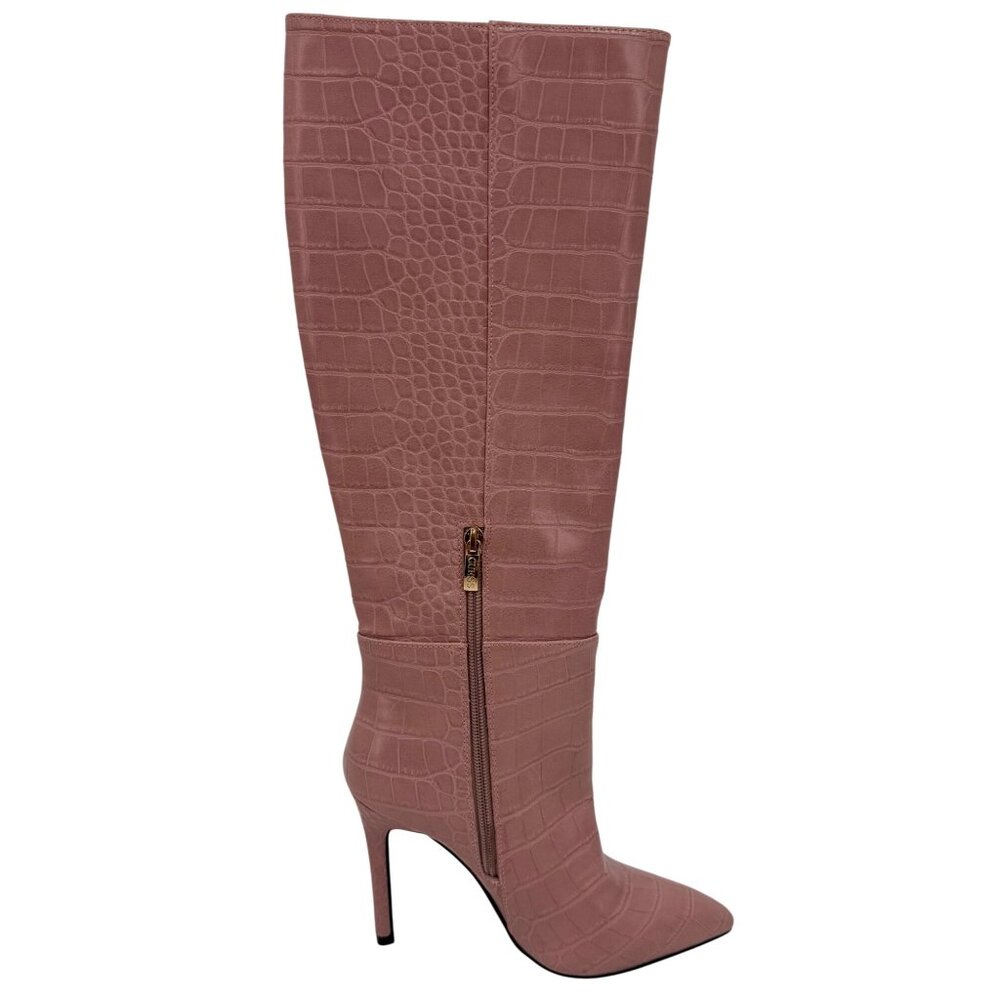 Guess Pink Vegan Croc Pointed Toe Knee High Stiletto Boots | Sexy Baddie Barbie - Picture 10 of 16